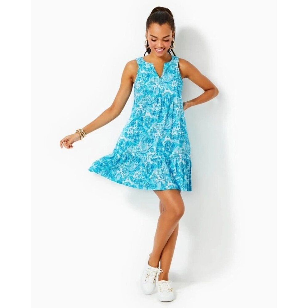 Lilly Pulitzer XXS Lindy Dress Amalfi Blue Sunny State Of Mind Sleeveless Resort